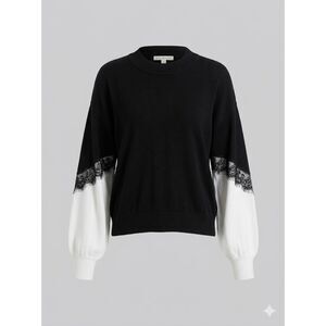 Linda Matthews Black & White Pullover Sweater /Lace Accent M  Colquette  Cottage